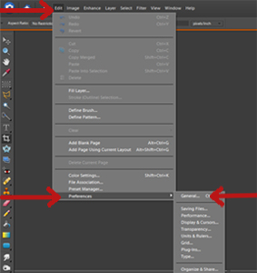 A screenshot showing how to edit preferences in Photoshop Elements